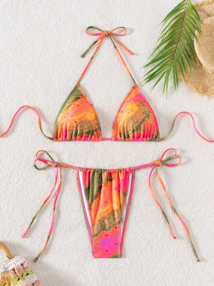 Tie-Dye Print Colorful Rhinestone Halter Strap Bikini Swimwear Set, For Summer Beach Vacation | SHEIN
