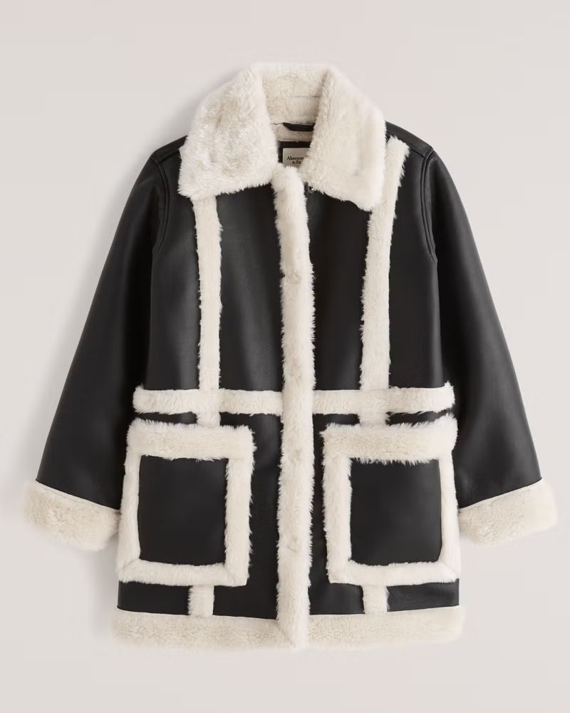 Oversized Sherpa-Lined Vegan Leather Shearling Coat | Abercrombie & Fitch (US)