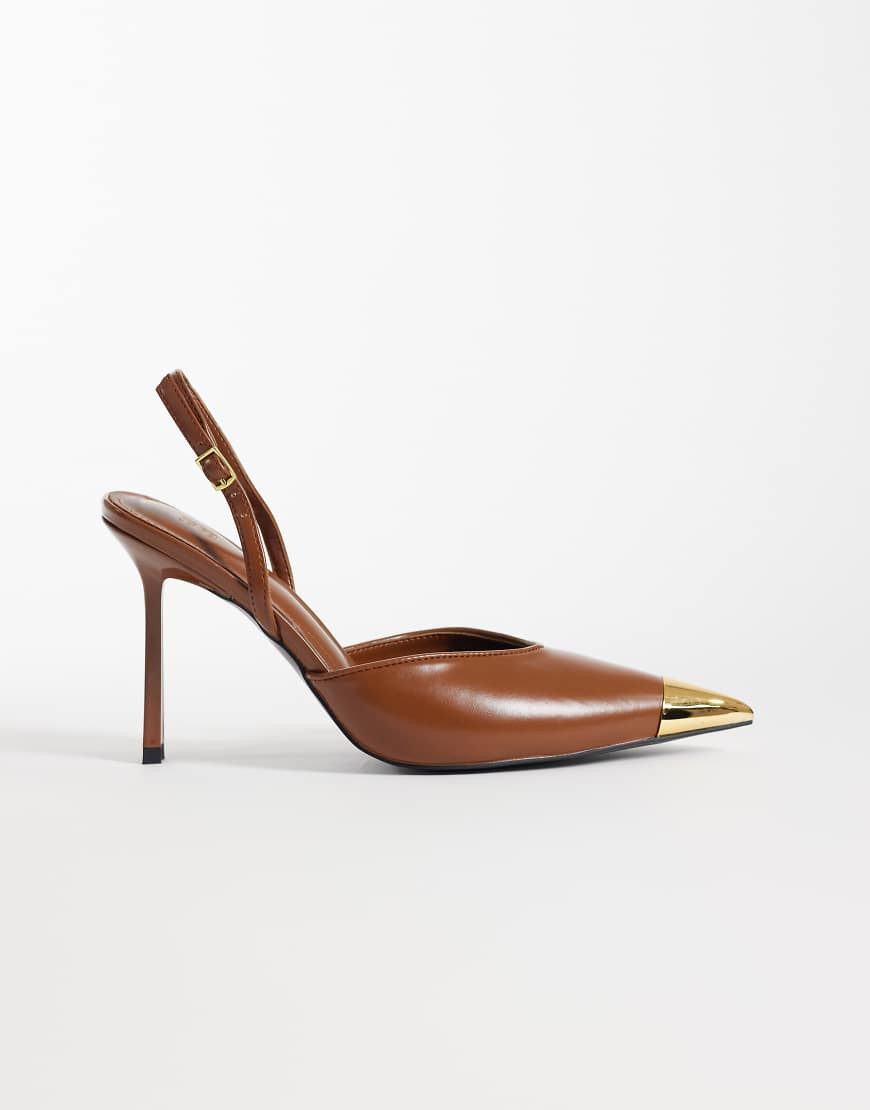 JW PEI Savannah slingback heels with metal toe detail in caramel brown | ASOS (Global)