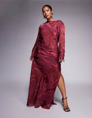 ASOS DESIGN Curve slash neck seam detail burnout maxi dress in burgundy | ASOS | ASOS (Global)