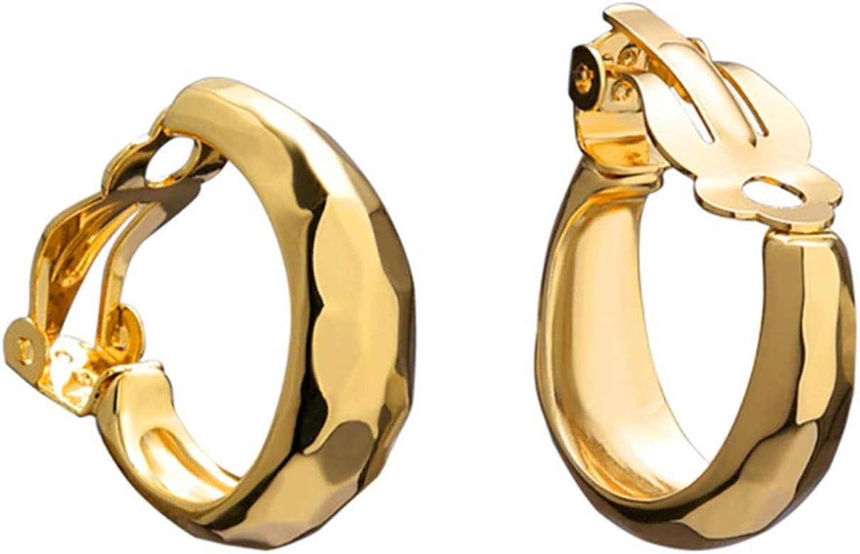 FAMARINE 14K Gold Cut Hoop Clip on Earrings for Women, Geometric Chunky Earrings Girls Gift, Gold Sl | Amazon (US)