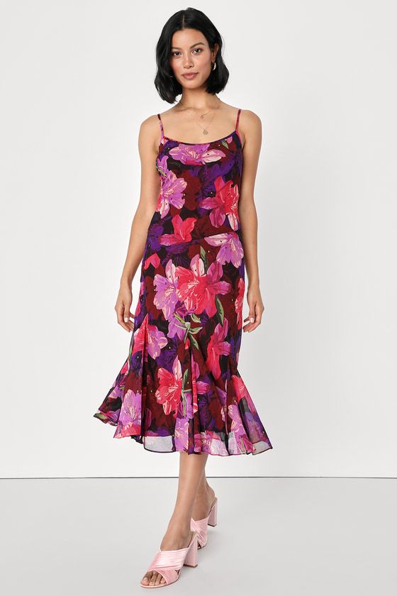 Sipping Sangria Burgundy Multi Floral Print Slip Midi Dress | Lulus (US)