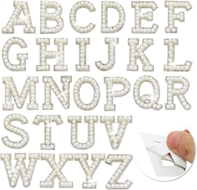 TrendyChic 26 Pcs A-Z Iron on Letter Pearl Rhinestone Glitter English Letter Patches Self-Adhesiv... | Amazon (US)