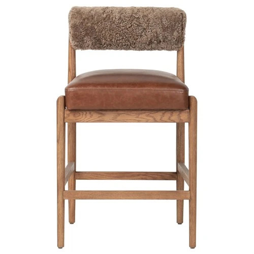 Aven Modern Classic Brown Leather Shearling Oak Counter Stool | Kathy Kuo Home