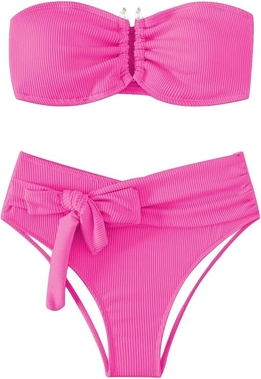 WDIRARA Women's 2 Piece Bikini Set Rib Knit Strapless Knot Front High Waist Swimsuit Set | Amazon (US)