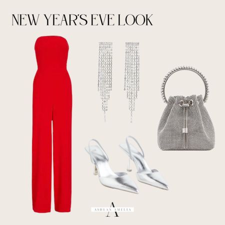 Red jumpsuit - new years looks - rhinestone bag - rhinestone earrings - silver heels - NYE lookS - NYE fits - express finds - h&m finds 

#LTKstyletip #LTKHoliday #LTKSeasonal