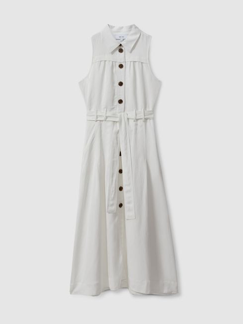 Reiss White Heidi Viscose Linen Belted Midi Dress | Reiss UK