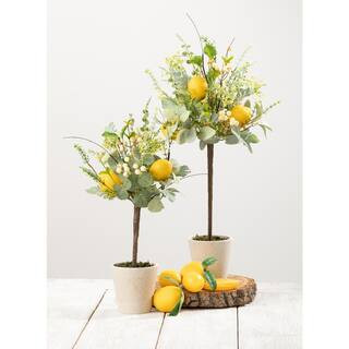24 and 19 in. Yellow Artificial Herb Leaf and Lemon Topiary in Pot (Set of 2) | The Home Depot