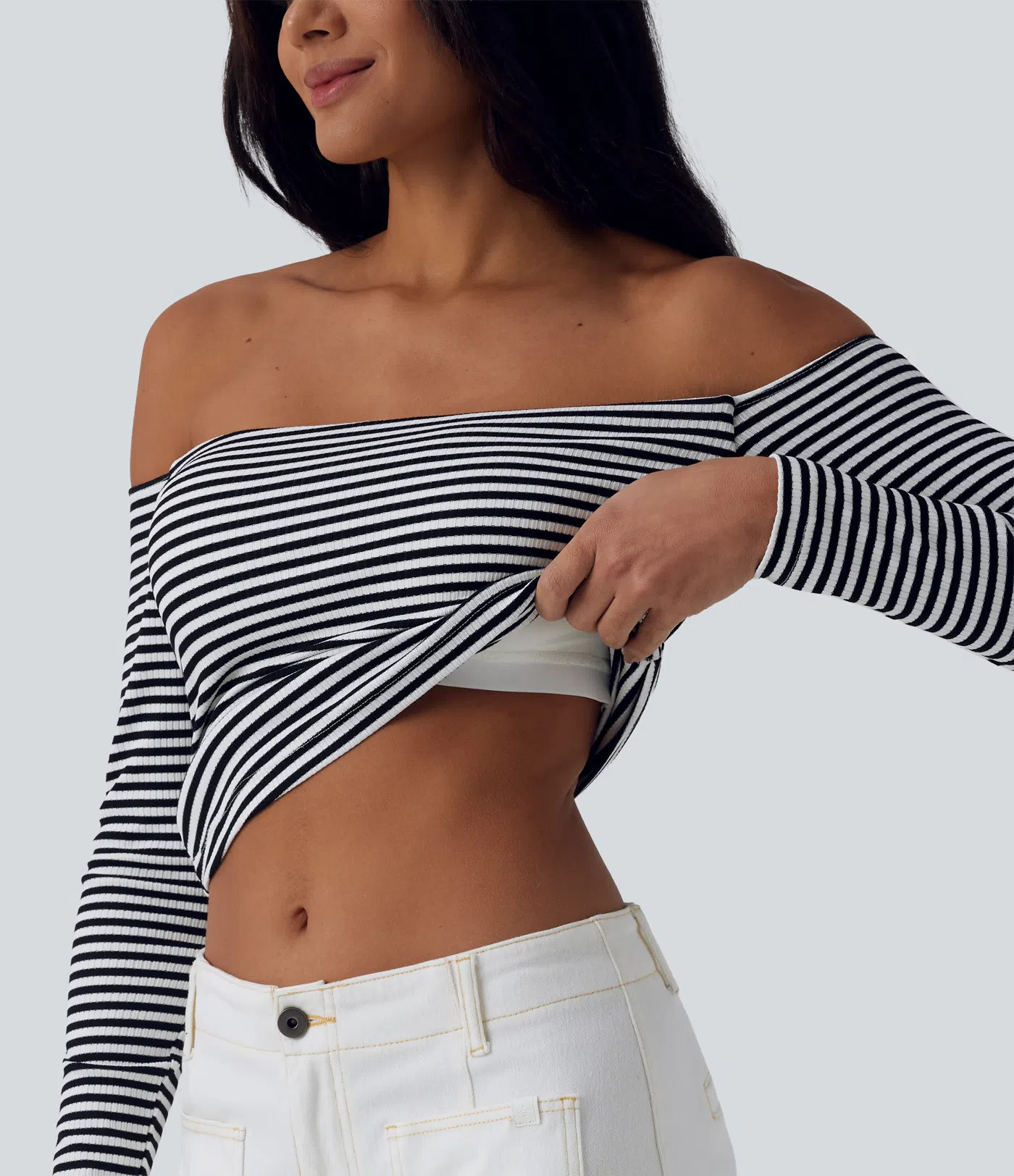 Women’s Ribbed Knit Off Shoulder Long Sleeve Stripe Built-in Bra Casual Top - Halara | HALARA