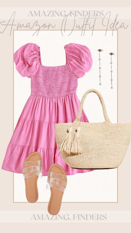 Amazon outfit 
Amazon dress
Resortwear dress
Pink dress
Puff sleeve dress 