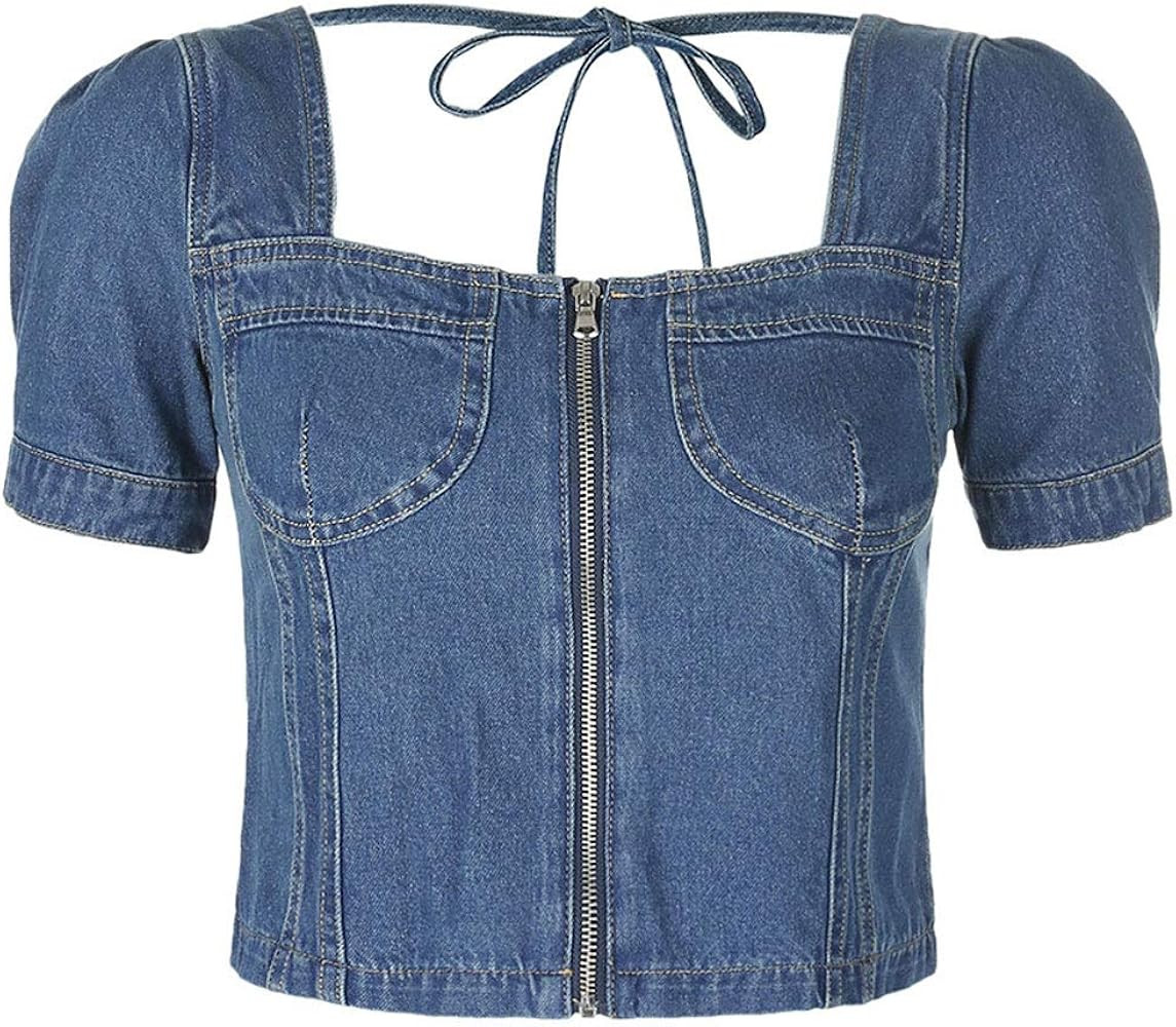 PAODIKUAI Women's Puff Sleeve Square Neck Denim Shirts Tied Slim Fit Crop Tee Tops | Amazon (US)