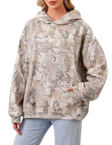 Anoumcy Oversized Camo Hoodie Womens Maple Leaf Print Hooded Sweatshirt Fleece Camouflage Hoodies For Women Trendy Khaki Green L | Amazon (US)