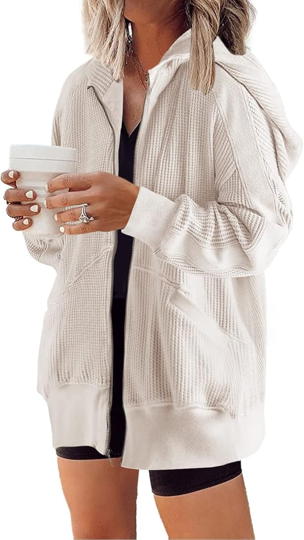 Yanekop Womens Waffle Knit Jacket Oversized Fall Jacket Zip Up Hoodie With Pocket Shacket Tops | Amazon (US)