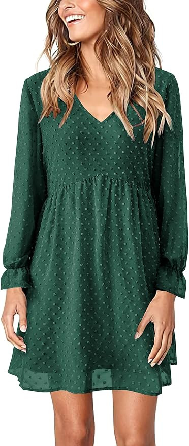 Amazon.com: KIRUNDO Fall 2022 Women's Dresses Long Sleeves Short Mini Dress V Neck Flowy Casual S... | Amazon (US)