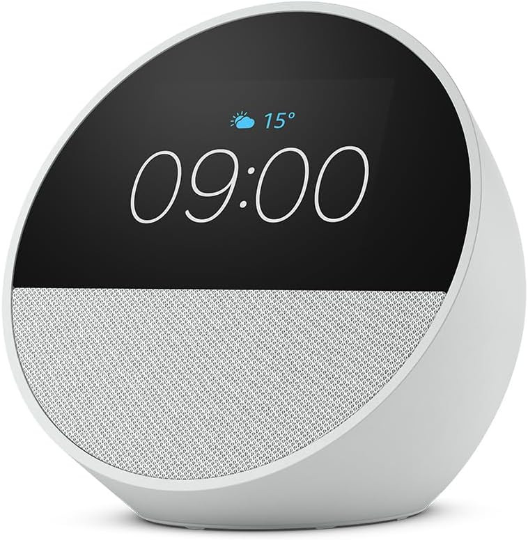 Echo Spot (newest gen), Smart alarm clock with vibrant sound + Alexa, Glacier White | Amazon (UK)