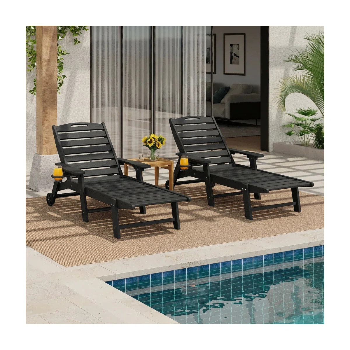 Outdoor Wood Texture Pool Reclining Lounge Chaise  With Wheels & Cup Holder (Set of 2) | Wayfair North America