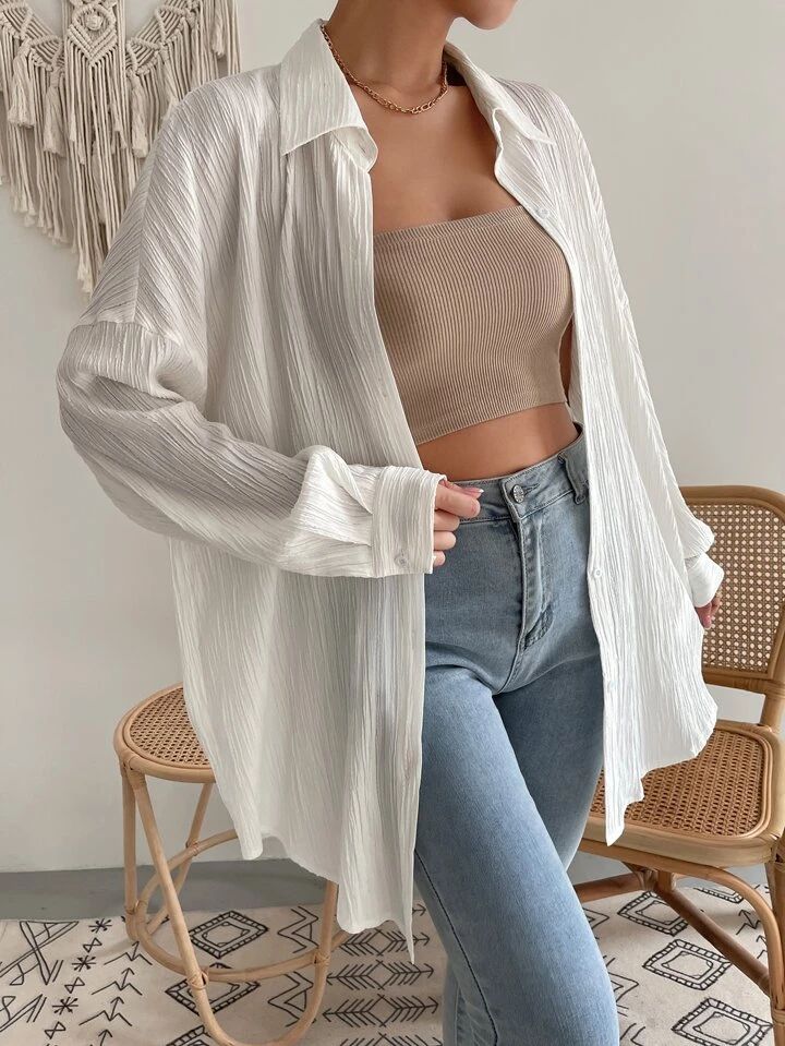 SHEIN EZwear Drop Shoulder Button Up Beach Shirt | SHEIN