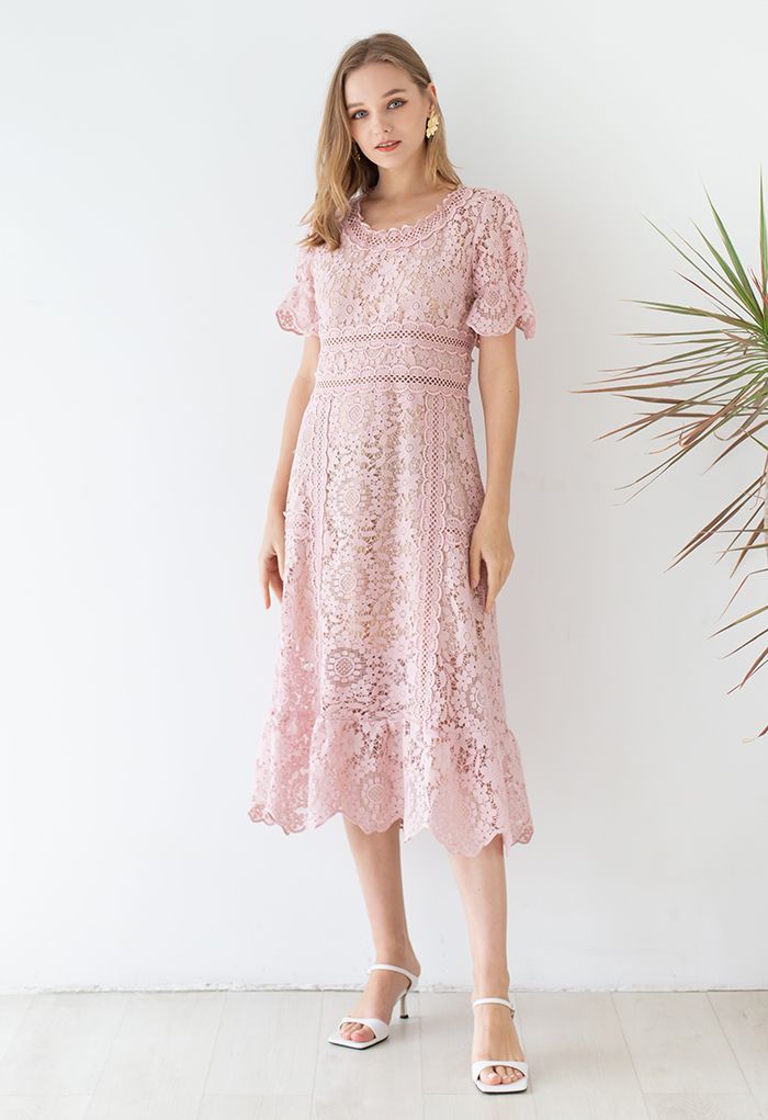 Floral Crochet Short-Sleeve Midi Dress in Pink | Chicwish