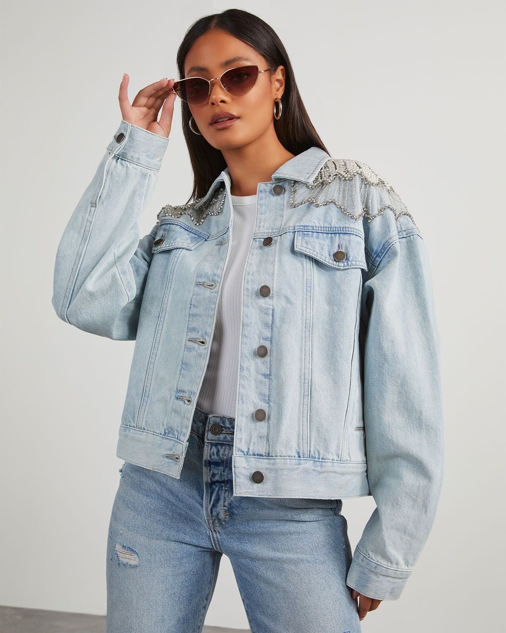 Delanie Pearl & Rhinestone Denim Jacket | VICI Collection