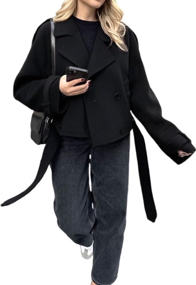 utcoco Womens Cropped Wool Coats Belted Double Breasted Pea Coat Short Jacket Notched Lapel Trenc... | Amazon (US)