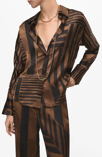 MANGO Stripe Satin Button-Up Shirt in Brown at Nordstrom Rack, Size 4 | Nordstrom Rack