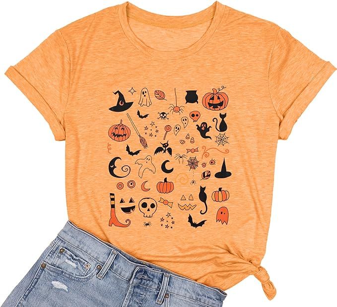 Spooky T Shirts Women Halloween Doodles Shirt Hocus Pocus Gifts Halloween Graphic Tees 2021 Decor... | Amazon (US)