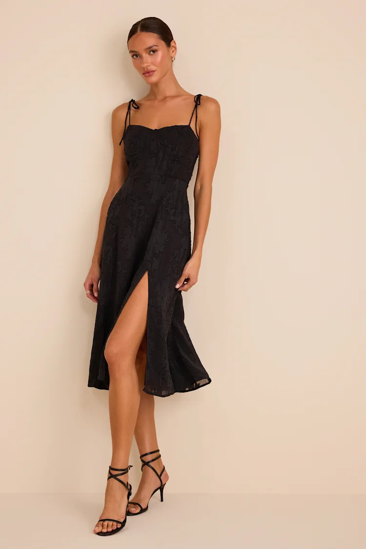Loveliest Looks Black Floral Jacquard Tie-Strap Midi Dress | Lulus