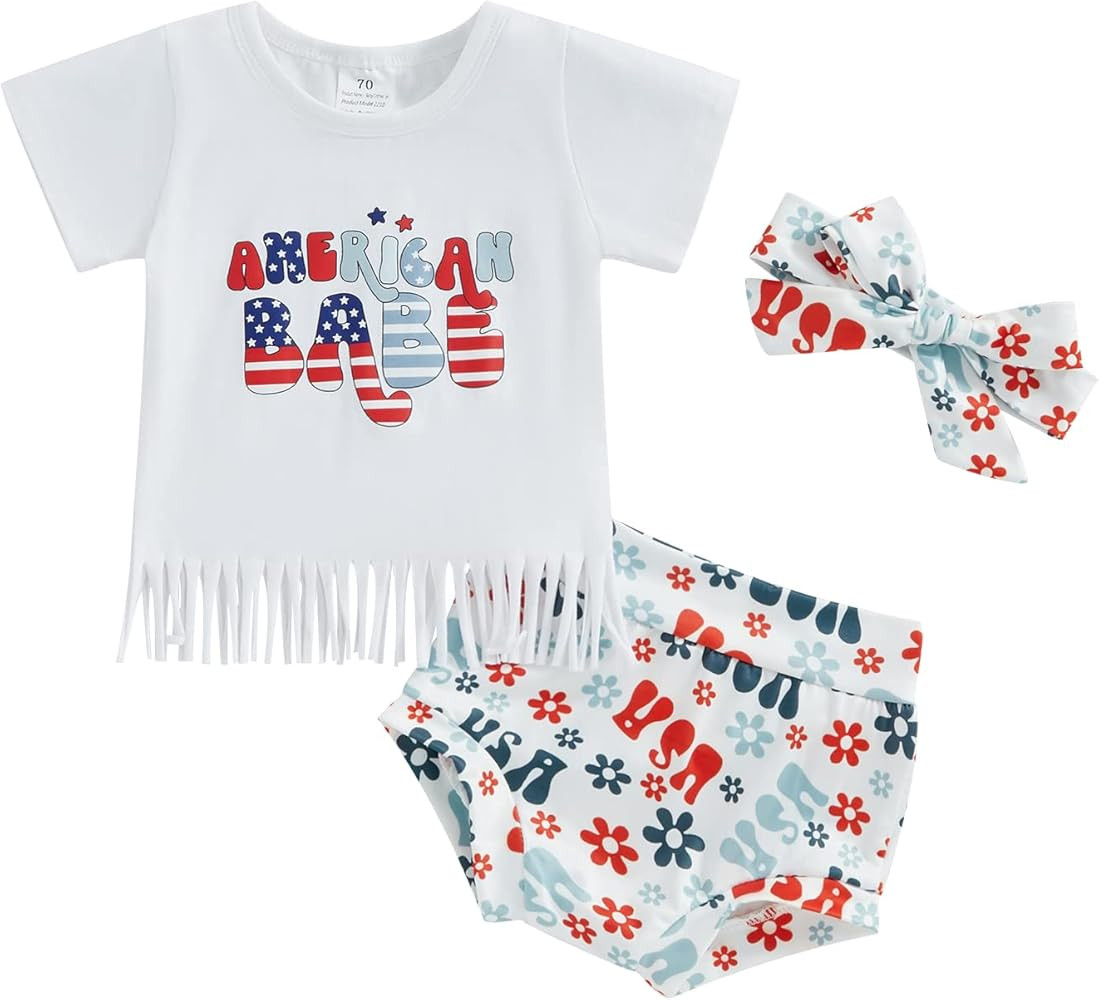 YINGISFITM Toddler Baby Girl 4th of July Outfit Short Sleeve Tassel Tops USA Shorts and Headband ... | Amazon (US)
