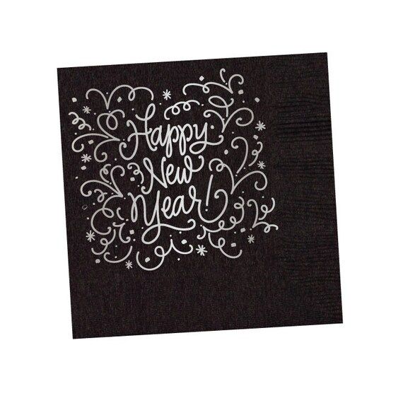 Napkins | Happy New Year (black w. silver foil) | Etsy (US)
