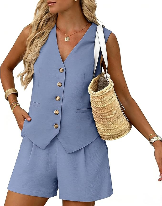 Lepunuo Women's Summer 2 Piece Outfits Sleeveless Button Down V Neck Vest Business Casual Outfits... | Amazon (US)