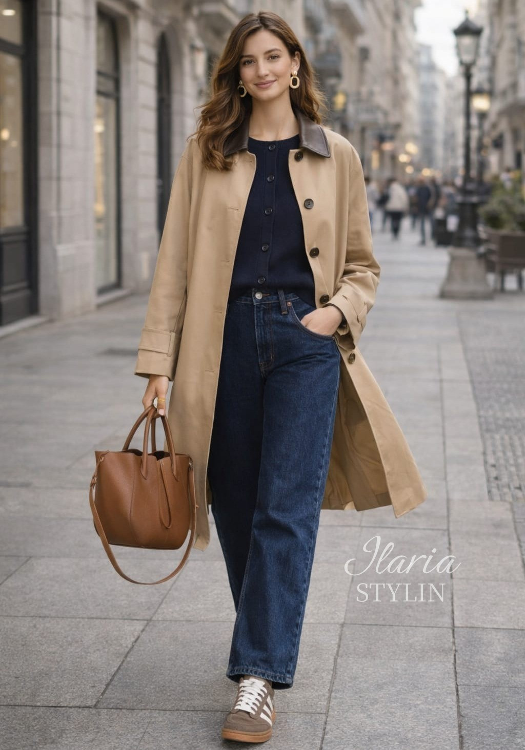 Elevated casual – Timeless staples in perfect balance—a camel coat with leather detailing, navy knit cardigan, dark blue denim, and vintage-inspired sneakers, styled with gold hoops and a structured brown bag 🤍

#LTKSeasonal #LTKootd #LTKWorkwear