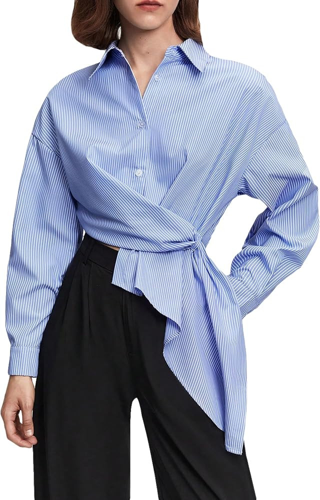 Milumia Women's Striped Button Up Shirt Short Sleeve Drop Shoulder Collar Blouse Tops | Amazon (US)