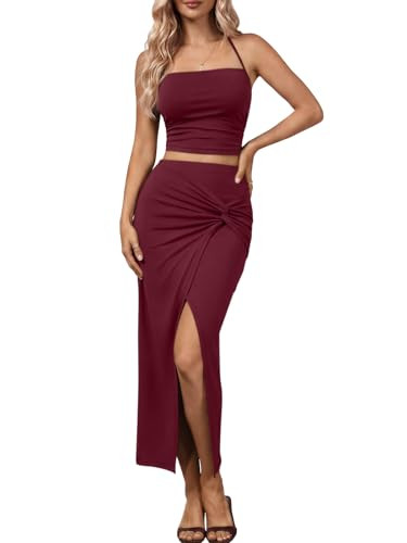 Trendy Queen Womens Ruched Halter Crop Top and Bodycon Long Skirt 2 Piece Set for Going Out Summe... | Amazon (US)