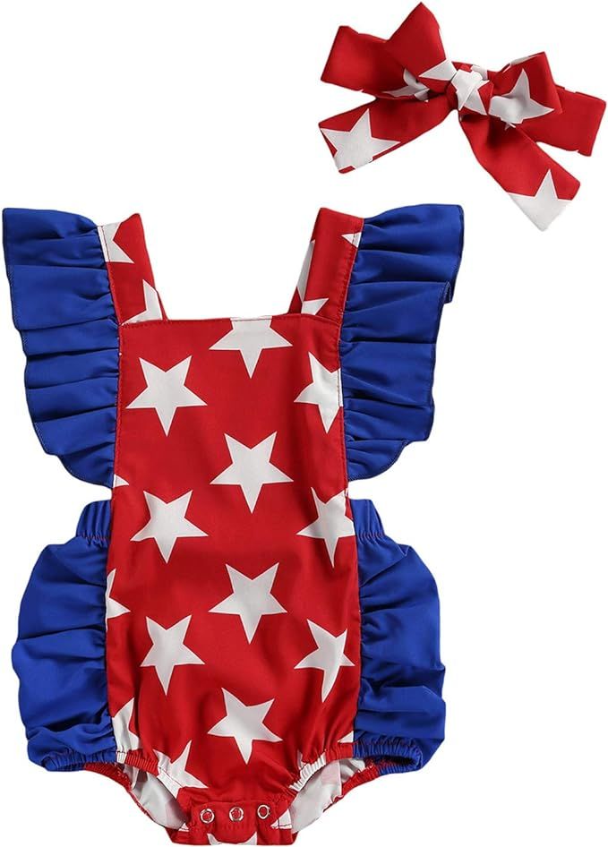 Mubineo Infant Baby Girl American Flag Rompers Headband 4th of July Outfits | Amazon (US)