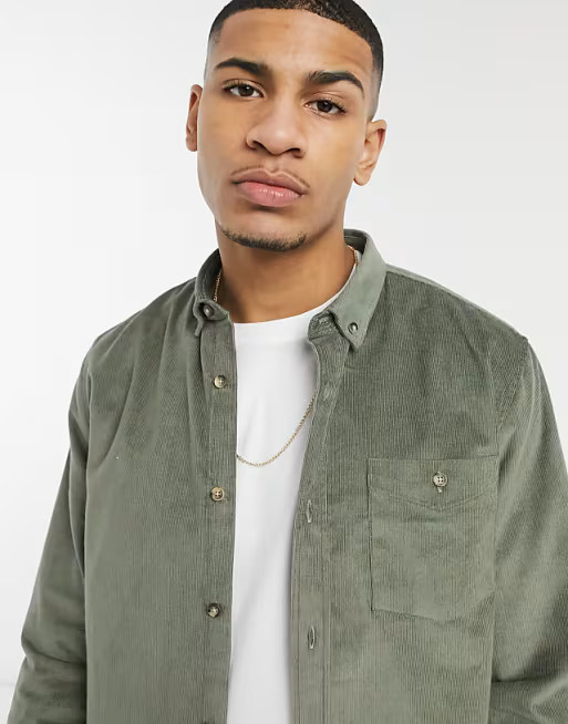 River Island regular fit cord shirt in khaki | ASOS (Global)