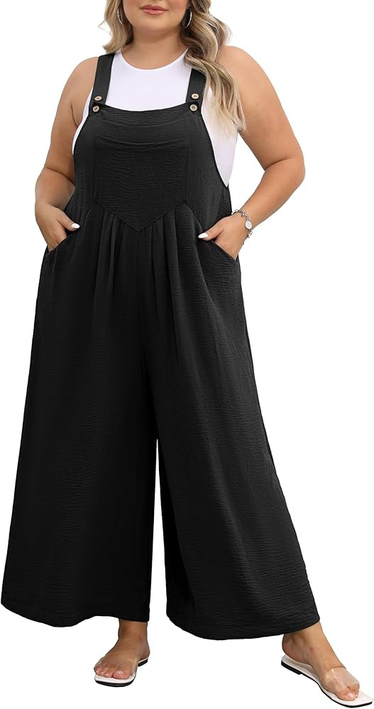OLRIK Plus Size Jumpsuit for Women Wide Leg Adjustable Straps Overalls Loose Fit Romper with Pock... | Amazon (US)
