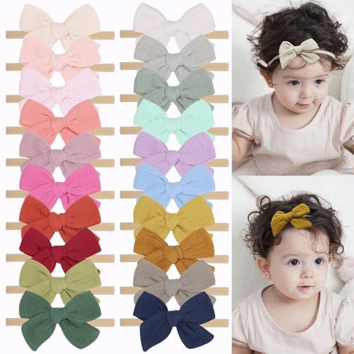doboi 20PCS Baby Headbands Hair Bows Muslin Gauze Bows Elastic Nylon Hairbands Boutique Soft Hair Accessories for Girls Newborns Infants Toddlers and Kids | Amazon (US)