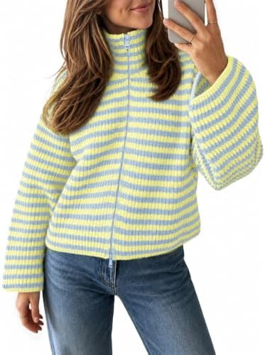 Saodimallsu Womens Striped Zip Up Sweaters Mock Neck 2026 Fall Trendy Casual Long Sleeve Loose Fi... | Amazon (US)