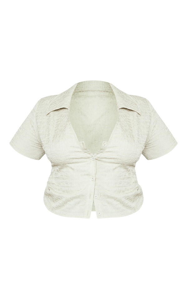 Plus Sage Green Textured Short Sleeve Crop Shirt | PrettyLittleThing US