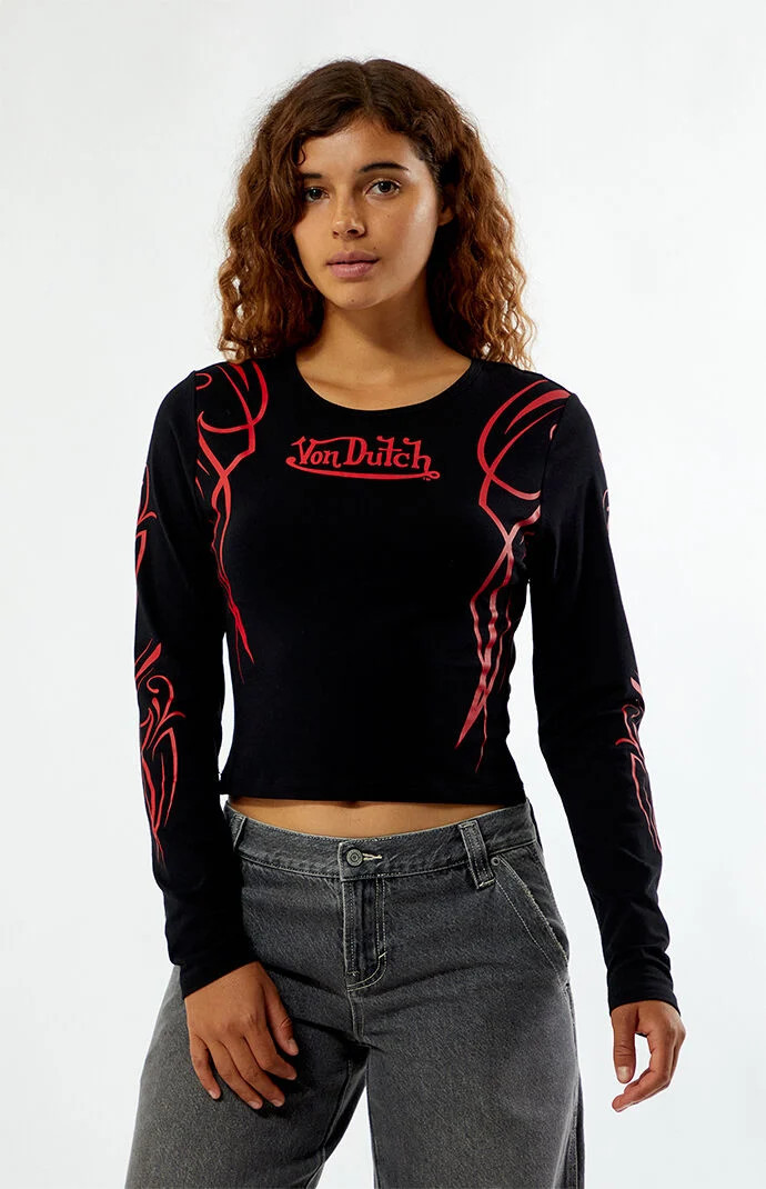 Von Dutch Women's Long Sleeve Crop Top in Black/Red - Size Small | PacSun