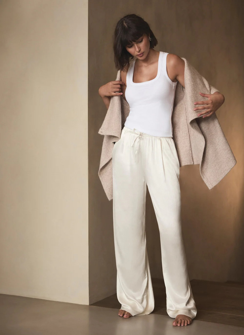 Cream Satin Wide Leg Trouser | Mint Velvet