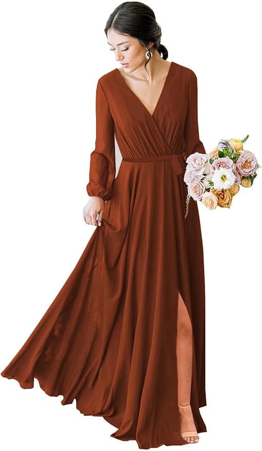 Long Sleeve Bridesmaid Dress V Neckes 2025 New Chiffon Wedding Guest Dresses Formal Evening Dress... | Amazon (US)