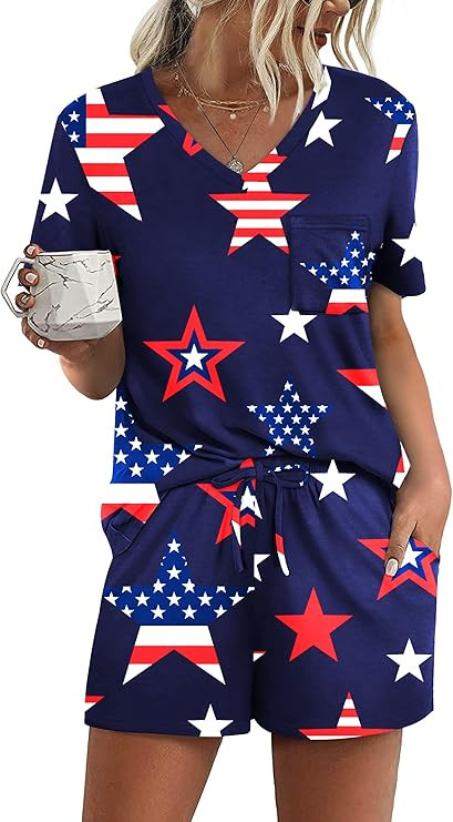 RUBZOOF Women's Short Sleeve Pajama Sets with Pockets Casual V Neck 2 Piece Lounge Sets S-3XL | Amazon (US)