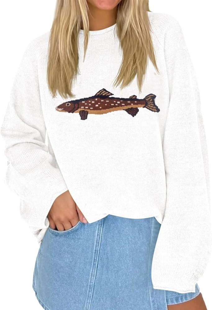 Tankaneo Womens Oversized Sweaters Fish Graphic Chunky Knit Pullover Tops | Amazon (US)