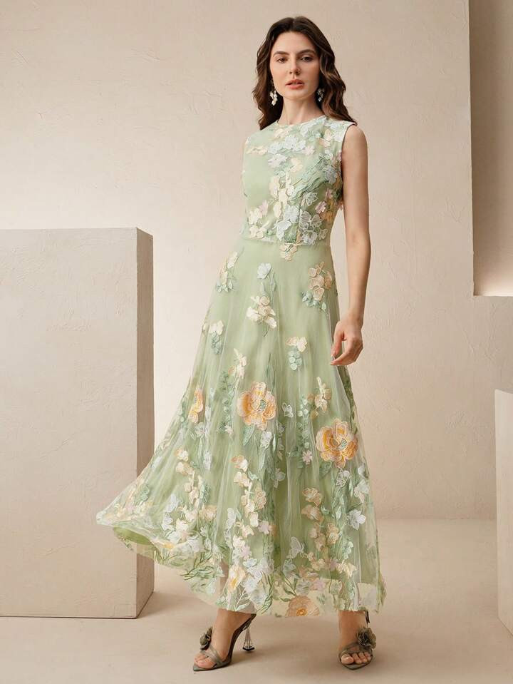 Anewsta Embroidered Floral Dress, Elegant & Graceful Sleeveless Summer Vacation Dress For Women, ... | SHEIN