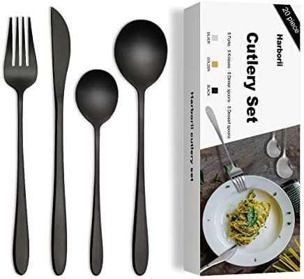 Black Silverware Set, HARBORII Satin Finish 20-Piece Stainless Steel Flatware Set Service for 5,F... | Amazon (US)