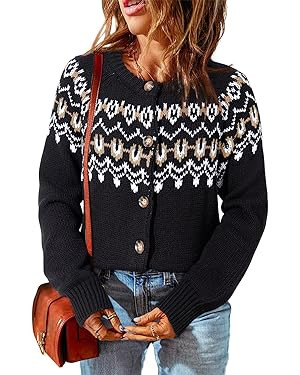 Dokotoo Womens Long Sleeve Cardigans Casual Long Sleeve Chunky Knit Fall Button Down Fair Isle Ca... | Amazon (US)