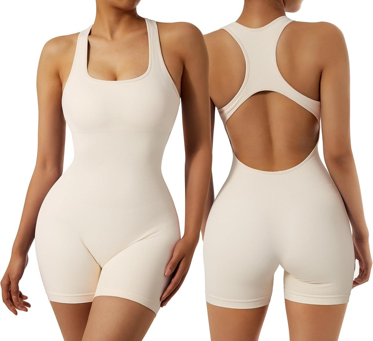 RXRXCOCO Women's Sexy Sleeveless Yoga Jumpsuits Shorts Bodysuit One Piece Deep Scoop Neck Backles... | Amazon (US)