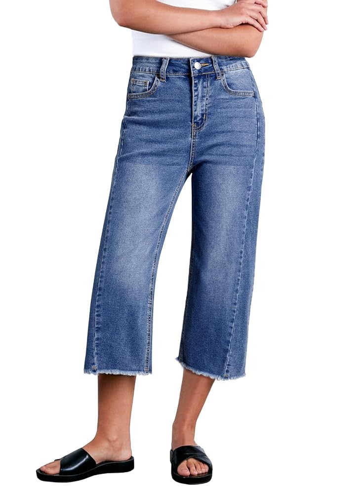 Sidefeel Women's Capri Jeans High Waisted Wide Leg Stretchy Raw Hem Side Seam Zimbaplatinum Denim... | Amazon (US)