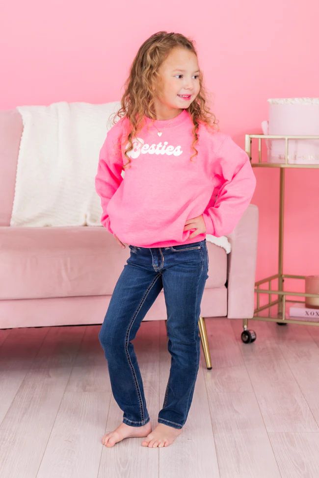 Kids Besties Script Safety Pink Graphic Sweatshirt | The Pink Lily Boutique